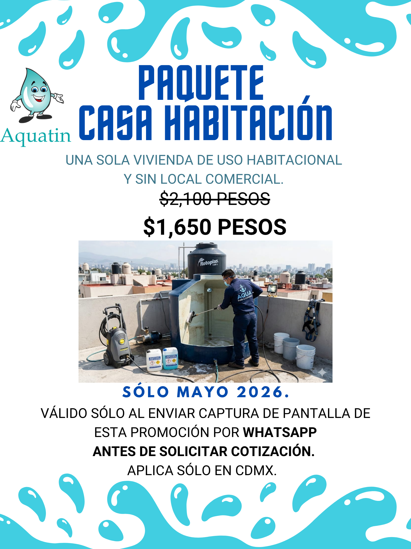 Precio de lavado de cisterna y tinaco en sólo $1,650 pesos.